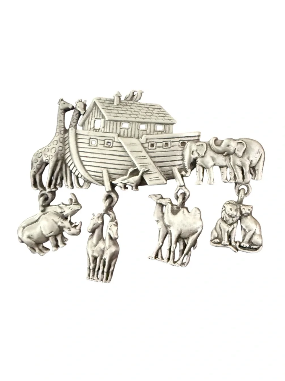 Vintage JJ Noah’s Ark Animal Dangle Brooch Pewter Tone Statement Pin Whimsigoth